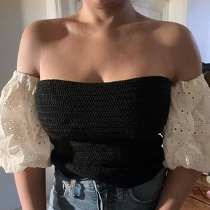 Zara cold shoulder puff eyelet embroidered sleeve crop top